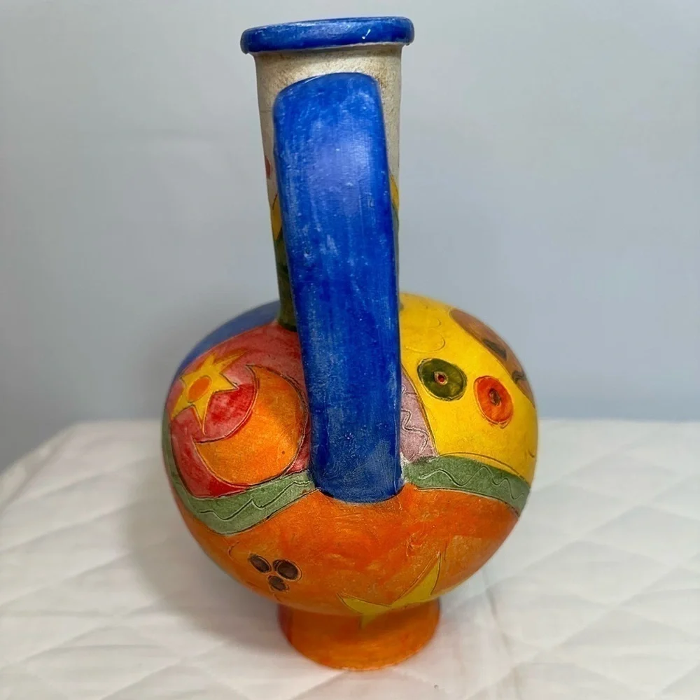 Handmade Clay Pottery Pitcher Signed Colorful Decorative Artwork